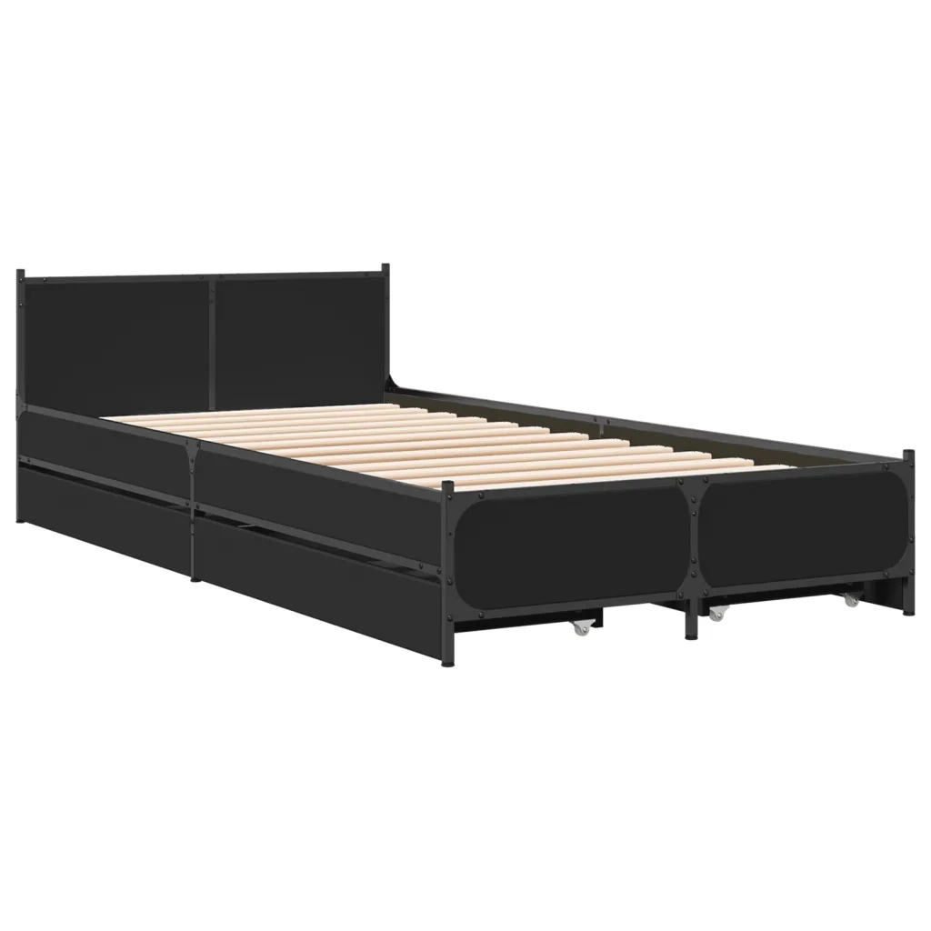 Letto singolo | Letto per adulti | Giroletto con Cassetti Nero 75x190 cm in Legno Multistrato