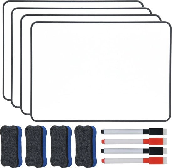 4 pezzi di 30 x 21 cm tavolo bianco lavabile a secco mini tabelle bianche A4 con cornice nera con 4 pezzi di pennarelli e 4 pezzi di gomma per tabelle, tabelle bianche per scuola, ufficio, casa