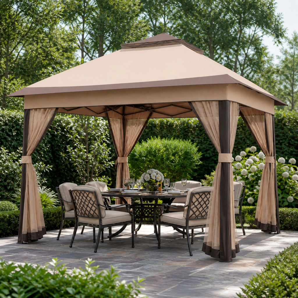 Gazebo Rapido Da Giardino Pop Up 3.33 x 3.33 Metri Altezza Regolabile Da 2.7 A 2.9 M Con Zanzariere Removibili Apertura Rapida E Borsa Trasporto Per Eventi Patio Piscina Campeggio Feste Kaki