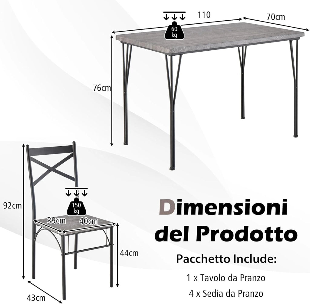 Set da Tavolo da Pranzo 5 Pezzi, Tavolo da Pranzo con 4 Sedie in Metallo, Set di Mobili da Cucina, Set da Pranzo per Cucina, Sala da Pranzo