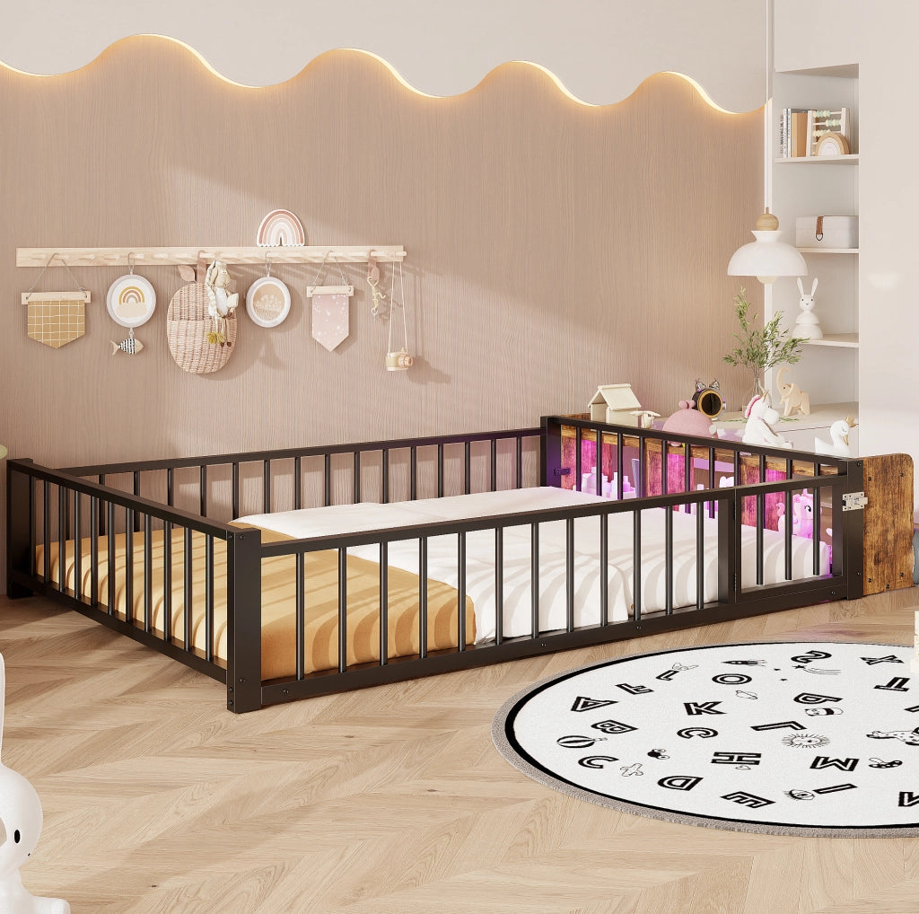 Letto per bambini in metallo 140x200 cm con LED e vano, nero
