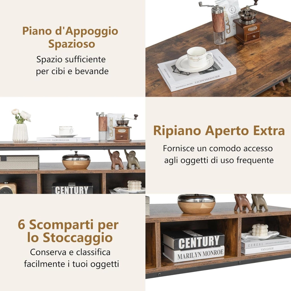 Tavolino da Caffè da Salotto, Tavolino Basso con Mensola Aperta e Telaio in Metallo Resistente, Tavolo Rettangolare in Legno per Soggiorno, Studio e Camera da Letto