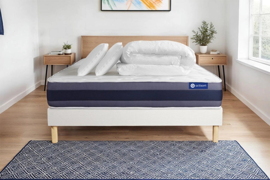 Pacchetto letto completo - Materasso 160x200cm + Box spring con doghe (in kit) + 2 cuscini + Piumino - Actimemo Morpho