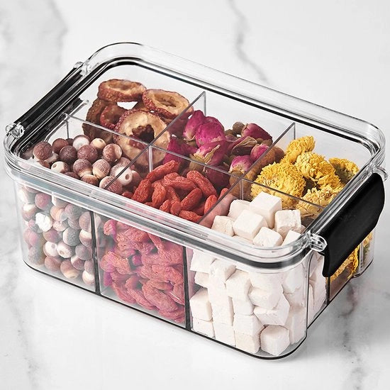 Contenitore per snack, contenitore per snack chiuso, contenitore per snack portatile con 6 compartimenti, adatto per noci, caramelle, frutta secca, patatine e biscotti (nero, formato piccolo).