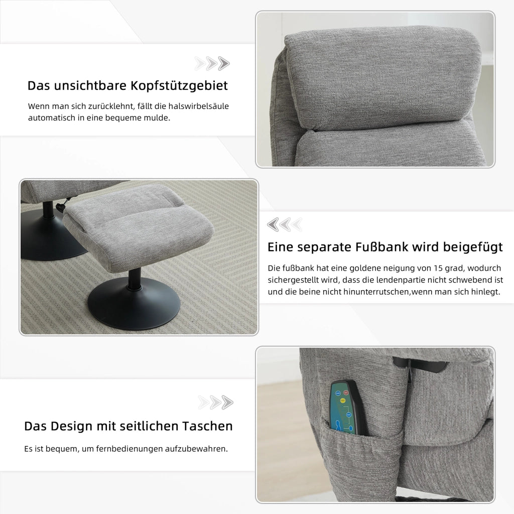 Poltrona Relax Reclinabile Massaggiante Elettrica con Poggiapiedi ¨C MINIMAL ¨C Girevole 360¡ã, Tessuto Grigio