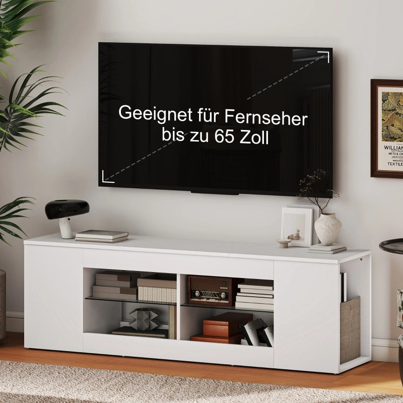 Mobile porta TV con 6 vani e 2 ripiani in vetro per TV fino a 65 pollici, in truciolare FSC, bianco, 140 cm