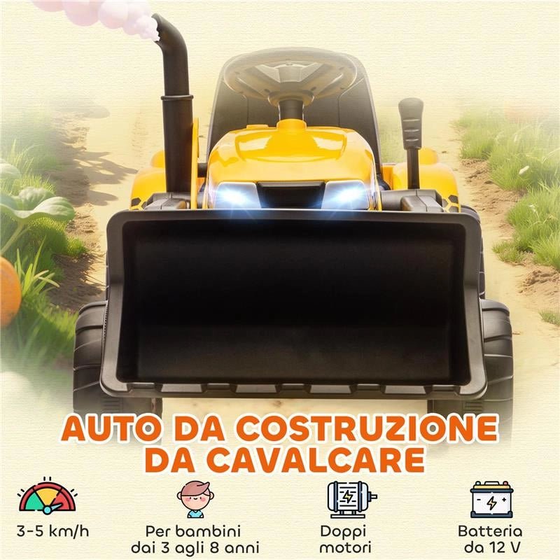 ESCAVATORE PER BAMBINI ELETTRICO 12V CON BENNA, RIMORCHIO E TELECOMANDO, ETÓ 3-8 ANNI, GIALLO