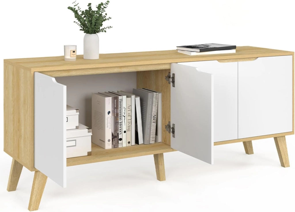 Credenza bassa scandinava 140 cm FINN in legno effetto faggio 4 ante bianche