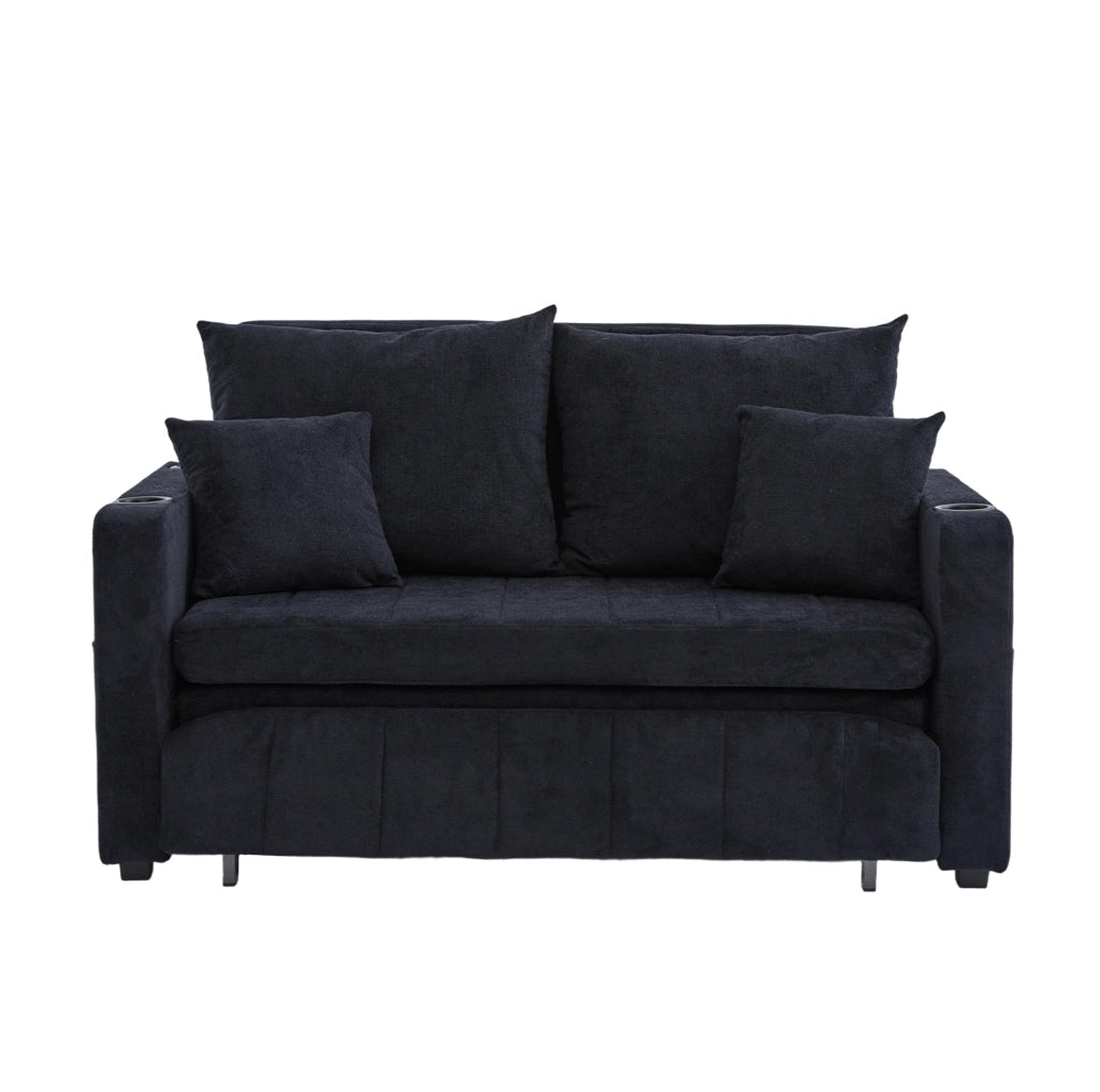 Divano letto trasformabile in ciniglia nera; 139 x 83 x 58 cm; con tasca laterale e 4 cuscini