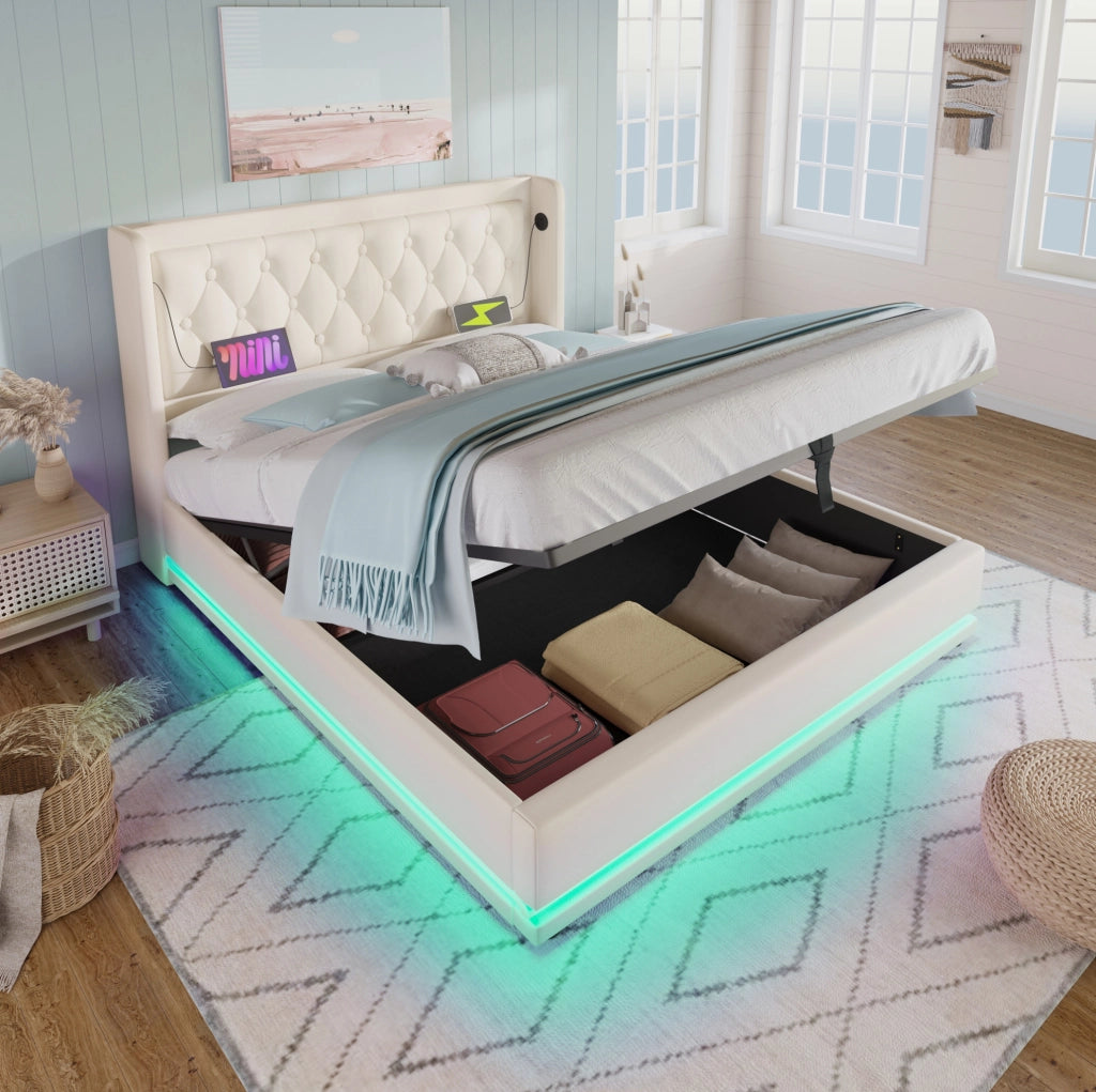 Letto matrimoniale 160x200 cm in PU bianco con contenitore; USB Type-C e LED a 3 lati