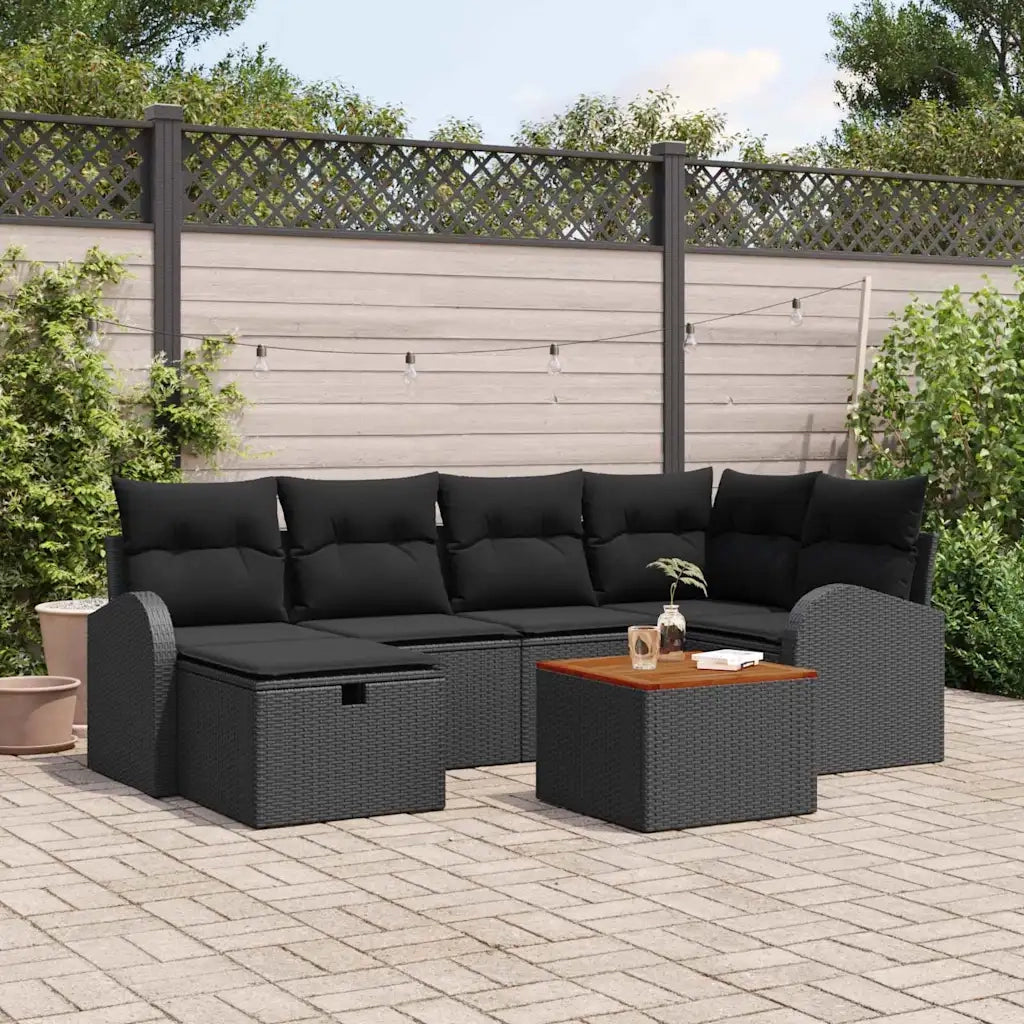 Set Divano da Giardino con cuscino 7 pcs Nero polyrattan