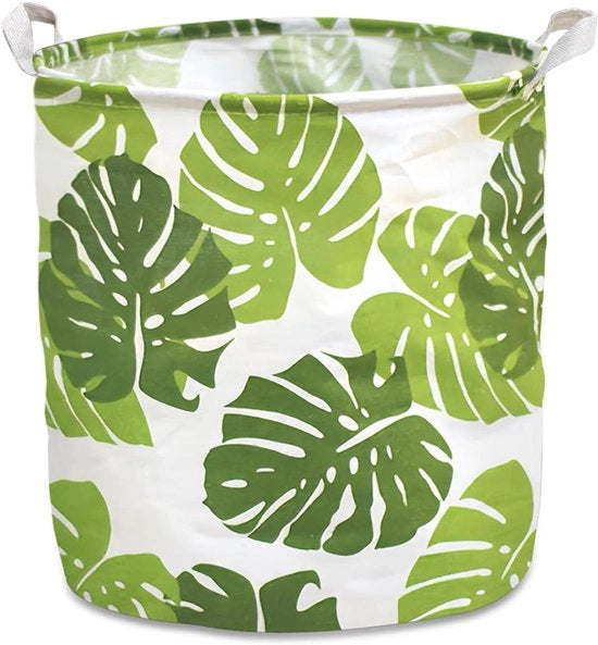 Wastebasket pieghevole con tessuto di cotone e maniglie a mano per bagno e giocattoli - Raccoglitore di bucato pratico - Cestino trasportabile per bucato sporco - Disegno foglia verde