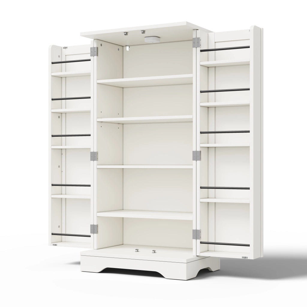 Credenza alta moderna 120x60x40 cm in MDF bianco con luci LED sensore, ripiani regolabili e chiusura clip