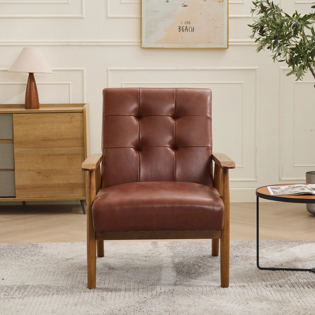 Poltrona Lounge con Schienale con Cuciture Pull-Point e Struttura Stabile, in Pelle, Legno e PVC, Marrone