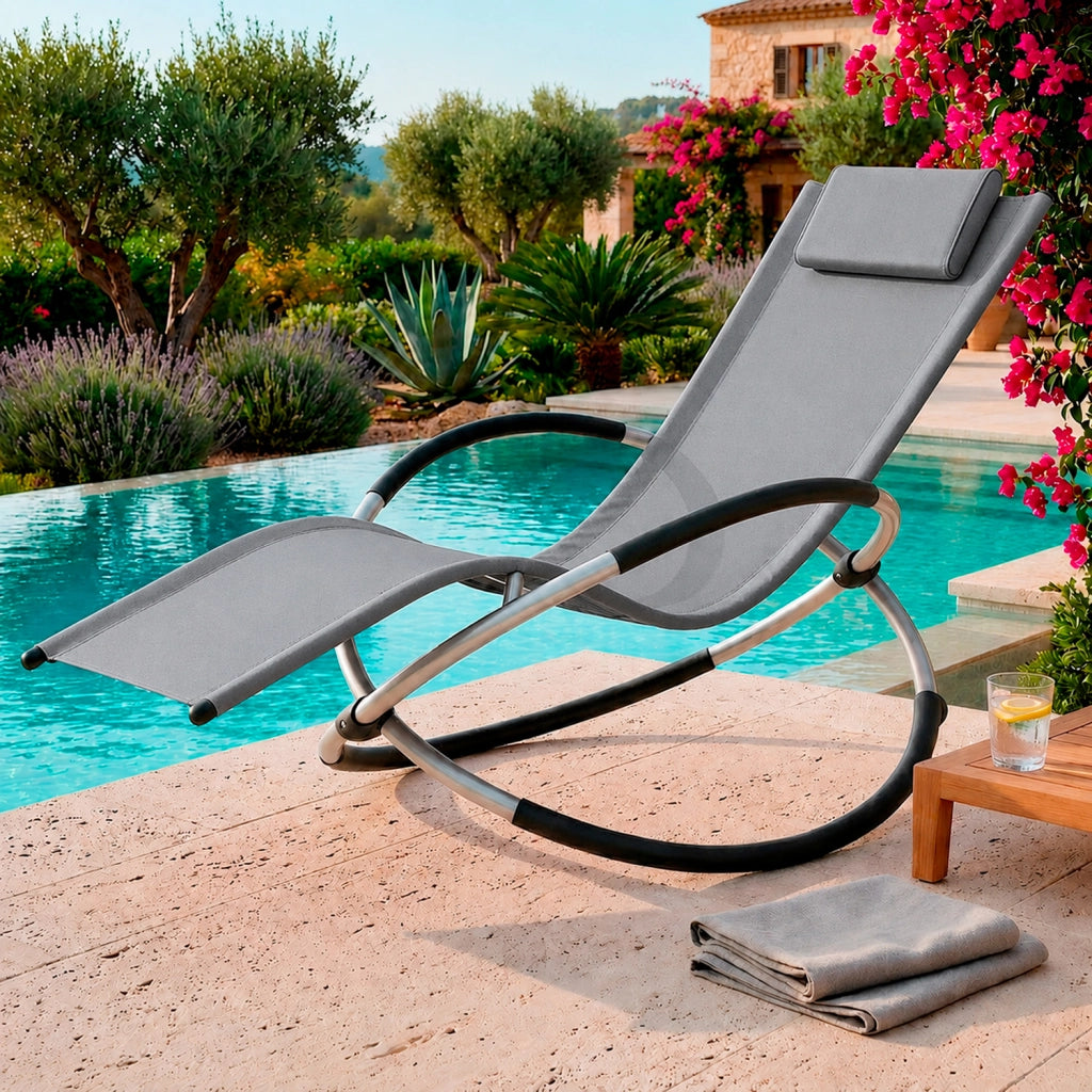 Poltrona Sdraio A Dondolo Basculante Per Giardino E Piscina Con Poggiatesta Removibile Telaio In Metallo Textilene Traspirante Ergonomica Da Esterno 73 x 150 x 93 Cm Grigio