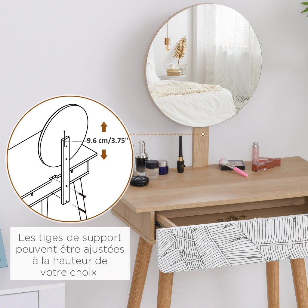 Tavolo Trucco Design Scandinavo con Cassetto e Specchio Grande ¨C zephmum ¨C 70x39x119-128 cm