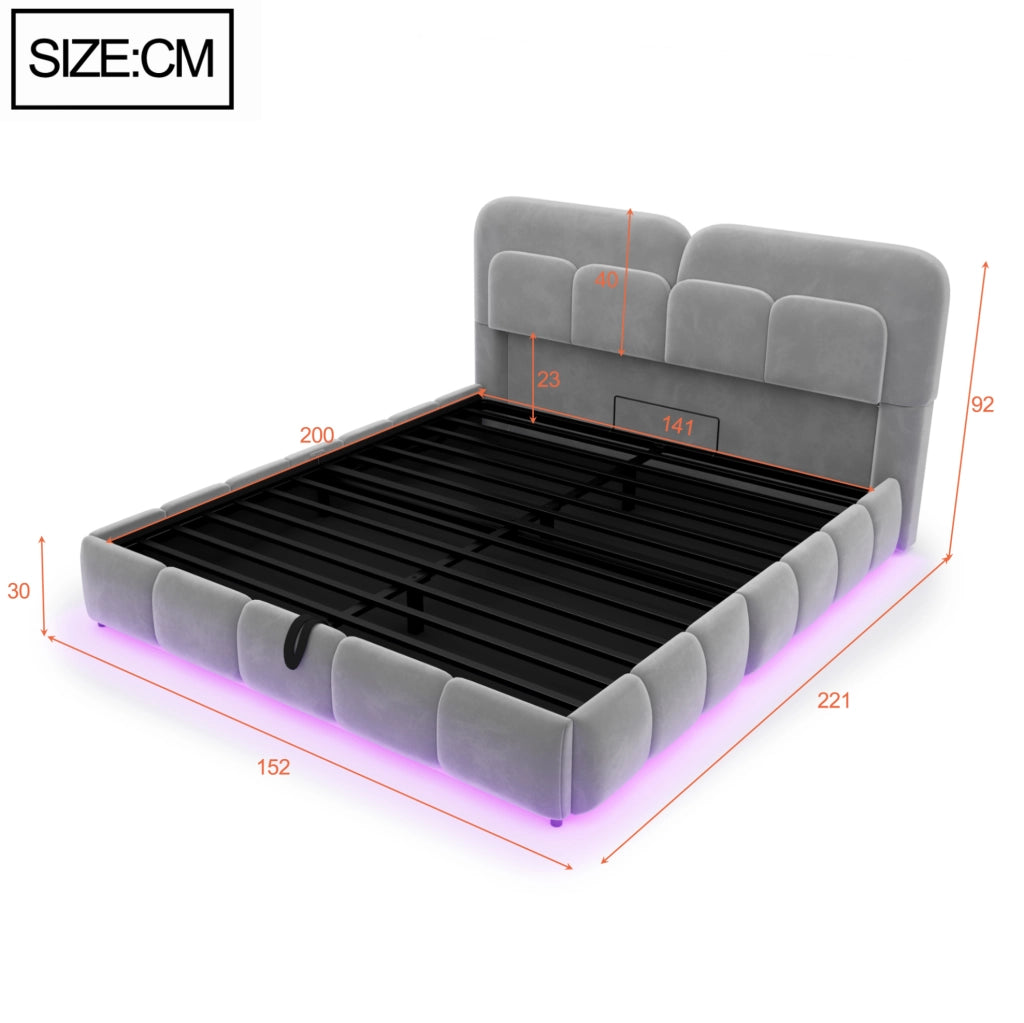 Letto matrimoniale imbottito 140x200 cm in velluto grigio con contenitore idraulico e LED