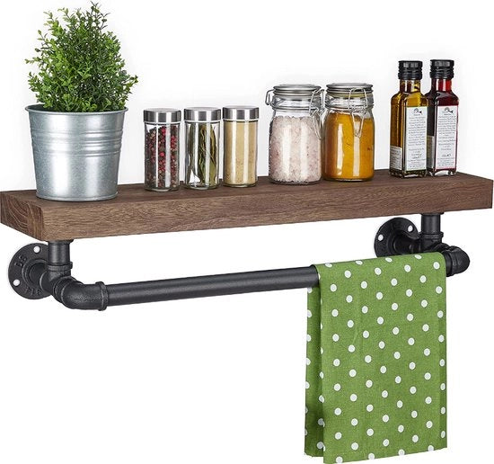 Sostegno asciugamani – mobile per parete - design industriale – con pannelli - legno e metallo - cucina - ingresso - 14x61x18 cm - marrone - nero