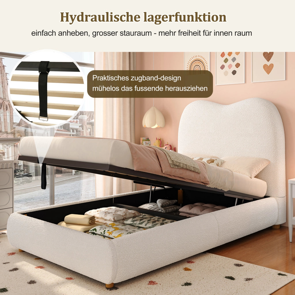 OKWISH Letto Contenitore 90×200 cm, Letto Singolo con Contenitore, Testiera Imbottita e Rete Inclusa, senza Materasso, Bouclé Beige