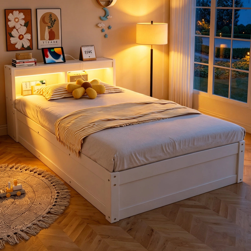 DESMIU Lit contenitore 90 × 200 cm 1 posto con presa, LED, vano idraulico, senza materasso, bianco