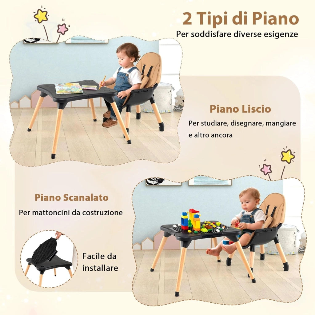 6-in-1 Seggiolone per Neonati, Seggiolone Prima Pappa, Tavolo e Sedia Convertibile per Bambini, Imbracatura di Sicurezza, Vassoio Rimovibile, per Bambini 6-36 Mesi (Caffè+Nero)