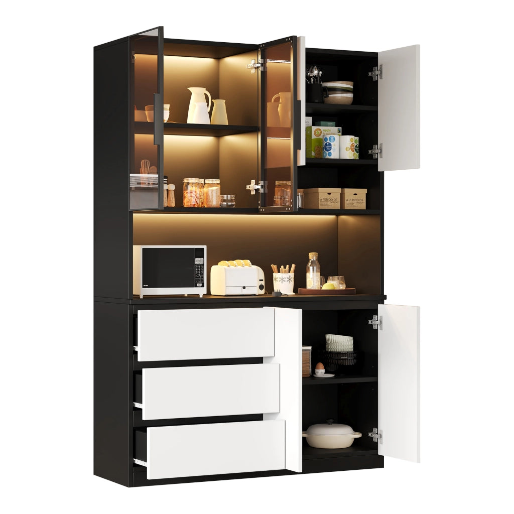 Mobile Cucina con Vetrina LED ¨C MINIMAL ¨C 3 Cassetti, 6 Ante, Ripiani, 120.5x40x180 cm