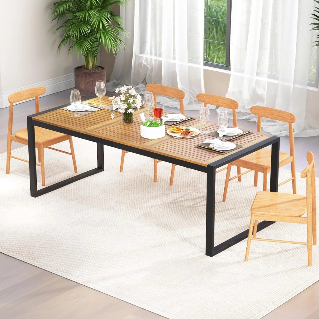 Tavolo da giardino in legno di acacia per 8 persone, 200 x 90 x 75 cm, con foro per ombrellone, struttura in metallo, colore Naturale E Nero