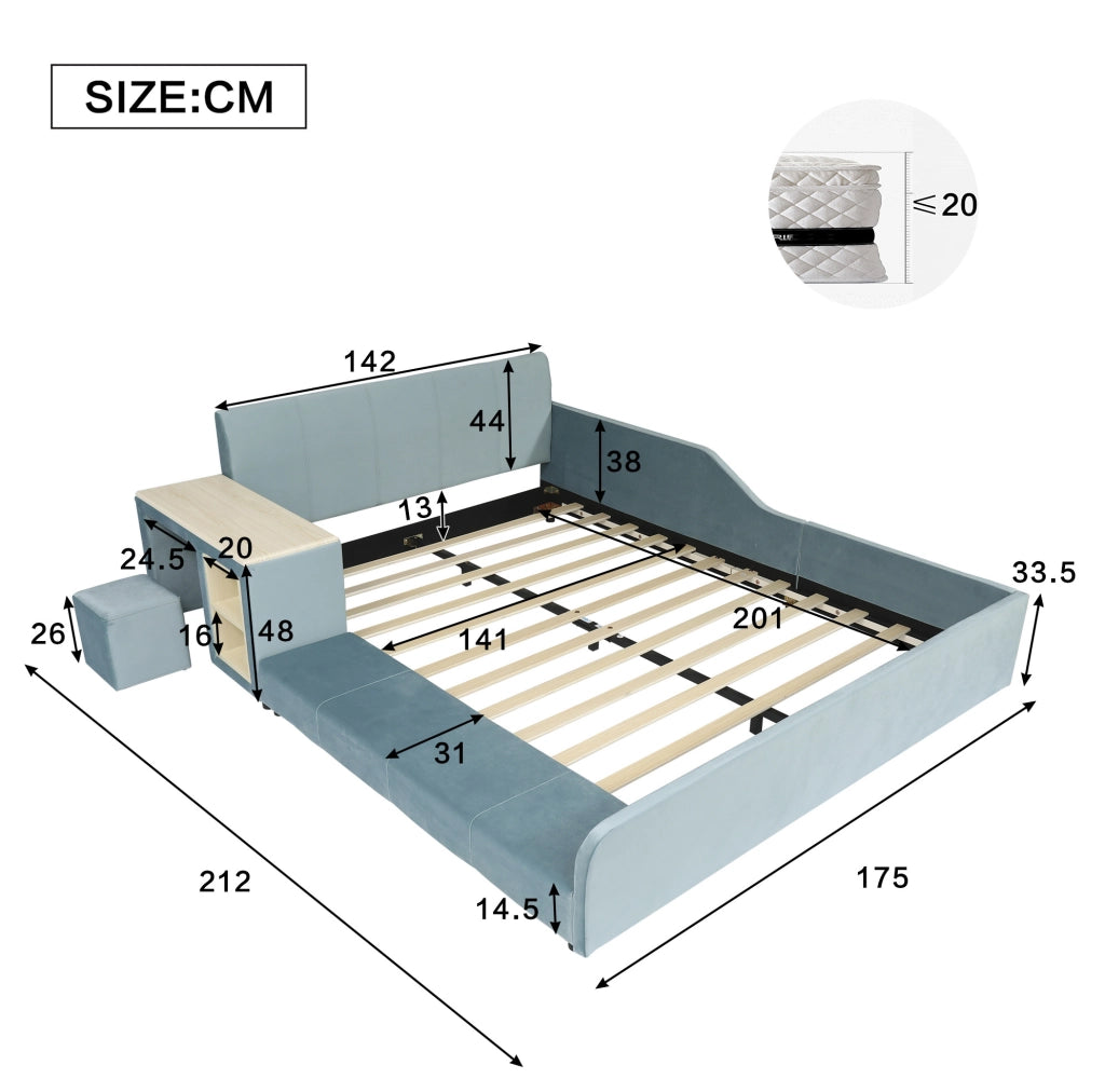 Letto imbottito 140x200 cm con scrivania laterale e sgabello in velluto blu