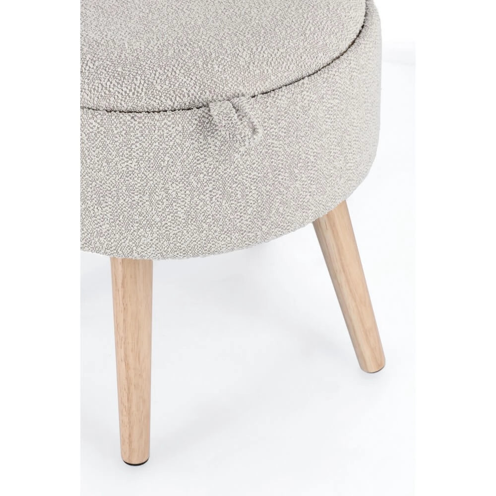 Sgabello contenitore rotondo bouclé bianco con vassoio in legno - BRIAR