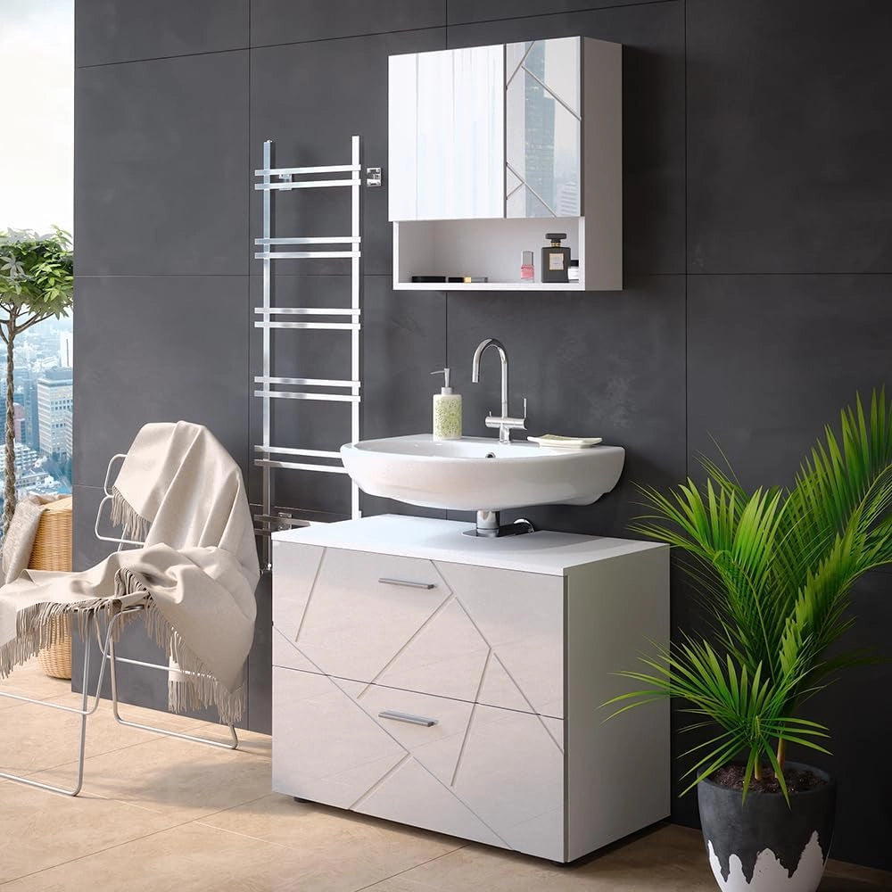 Mobile sottolavabo per bagno Irma, Bianco lucido, 80 x 58.6 cm, adatto per l'installazione sopra il sifone con aperture di aerazione