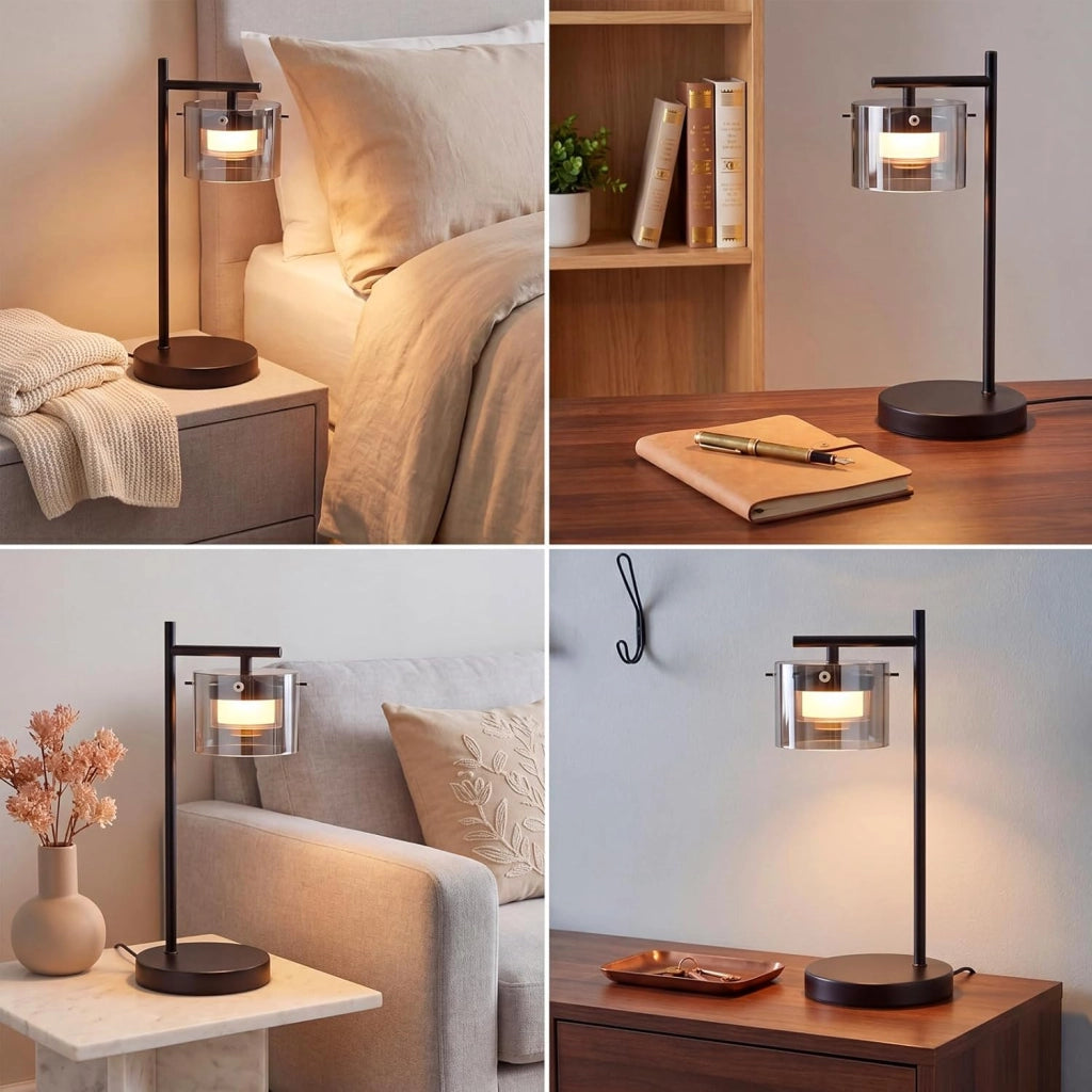 ZMH Lampada da comodino LED 8W 3000K moderna lampada da tavolo in vetro nero per soggiorno camera da letto e ufficio