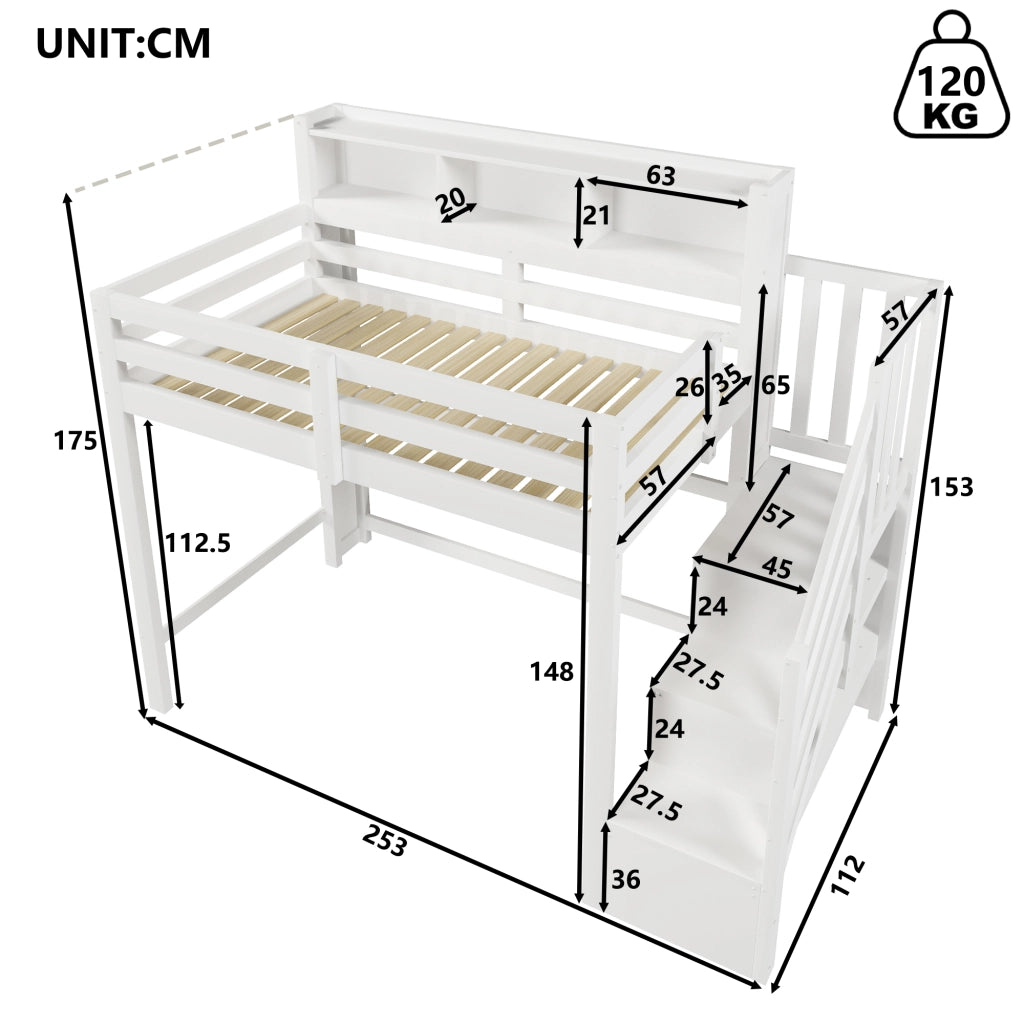 LETTO A CASTELLO ALTO 90x200 cm con LED, pino e MDF bianco