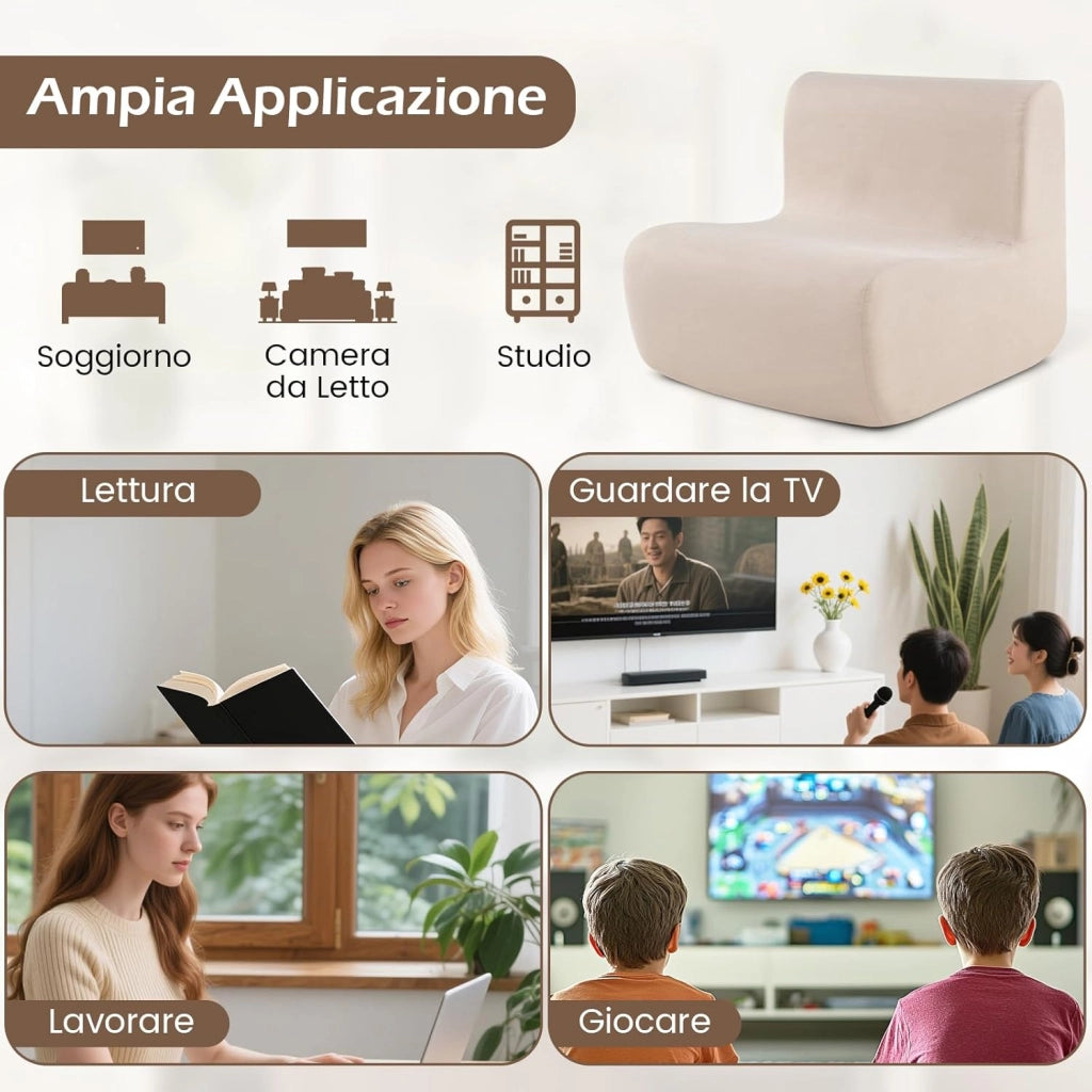 Divano Singolo da Pavimento, Poltrona da Divano con Morbido Velluto e Supporto Ergonomico, Poltrona Sacco da Lettura per Soggiorno, Camera da Letto (Beige)