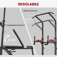 Power Tower Pieghevole, Stazione Fitness Multifunzione Regolabile in 7 Posizioni con Sbarra Trazioni, Dip Station, Pull UP Station e Panca Piana in Acciaio, per Home Gym Casa, Portata 150kg