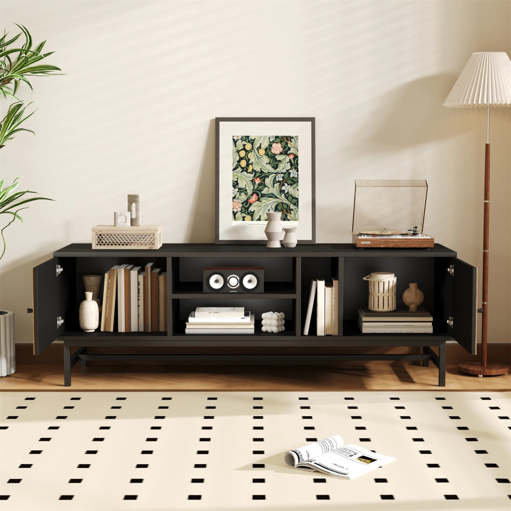 Mobile TV con 2 Ante e 3 Vani; Stile Moderno Minimalista; Soggiorno; 150??38??55 cm; in Truciolare e Ferro; Nero e Naturale
