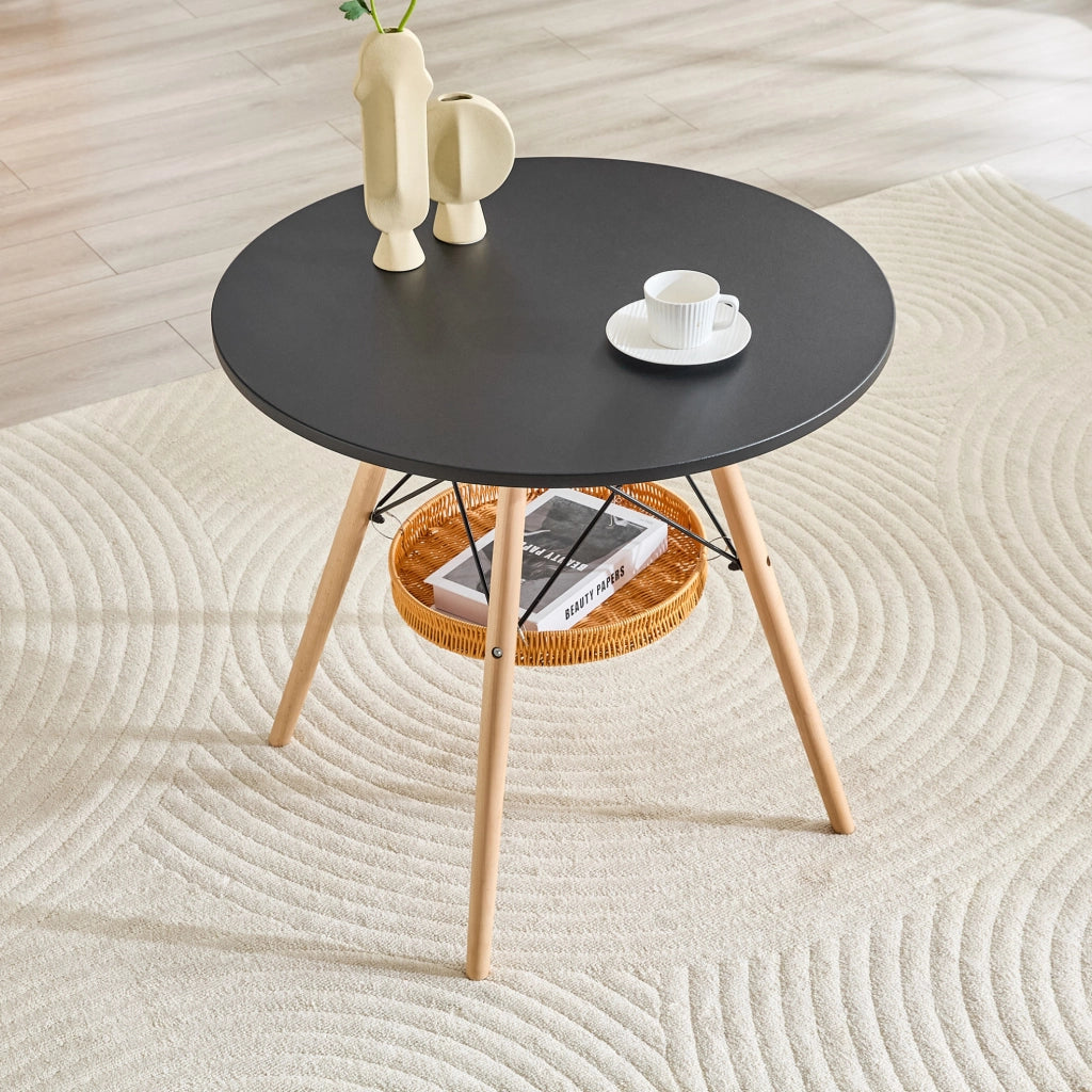 Tavolo da pranzo rotondo ?80 cm in MDF nero e legno massello con cestino intrecciato