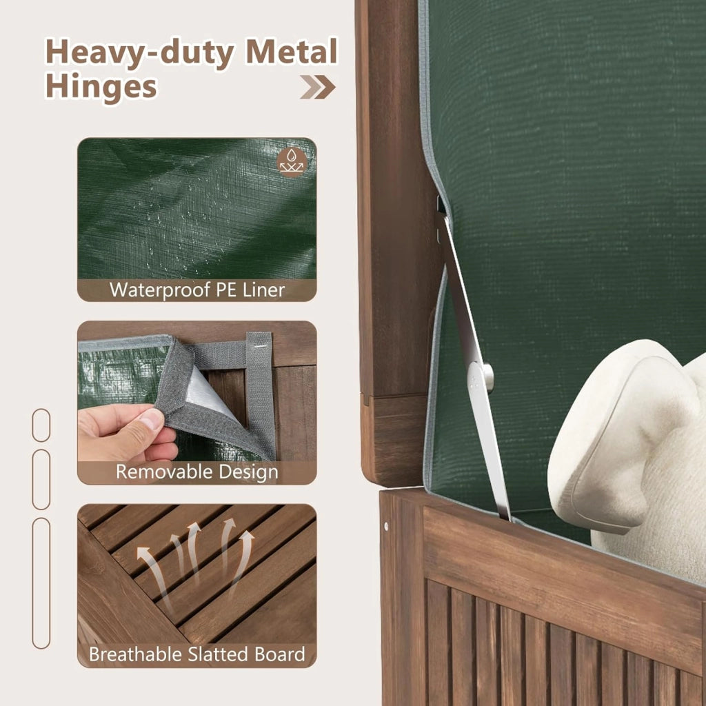 Scatola da giardino in legno, resistente alle intemperie, 213 l, con tasca interna, contenitore con ruote, con coperchio e manico, 114 x 58,5 x 51 cm