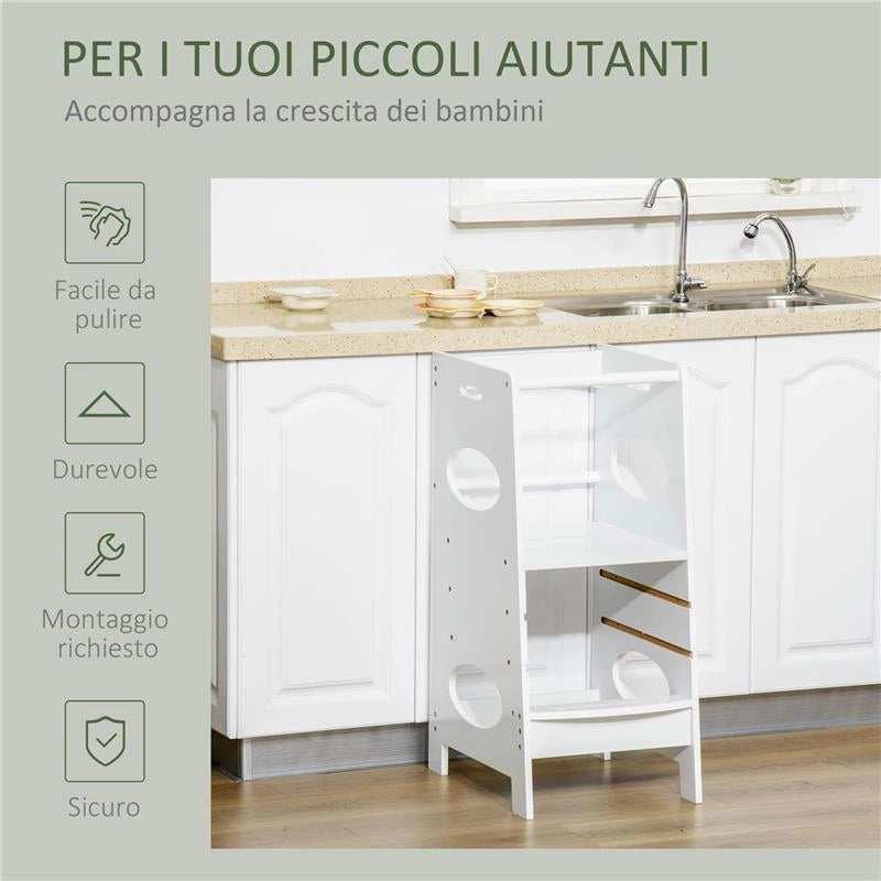 TORRE MONTESSORIANA PER BAMBINI, LEARNING TOWER CON ALTEZZA REGOLABILE IN MDF, 40X50X90CM, BIANCO