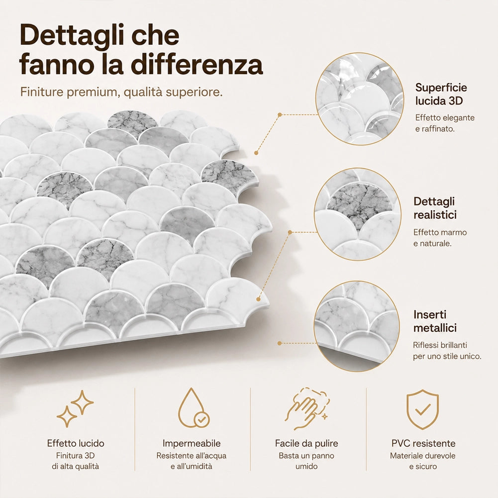 Set 10 Pannelli Adesivi Piastrelle da Parete 30,5 cm Decoro Squame di Pesce in PVC Grigio e Bianco