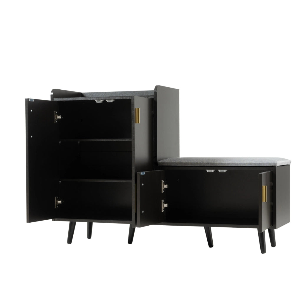 Scarpiera con seduta imbottita 120x34x82 cm in truciolare e metallo; nero e noce scuro