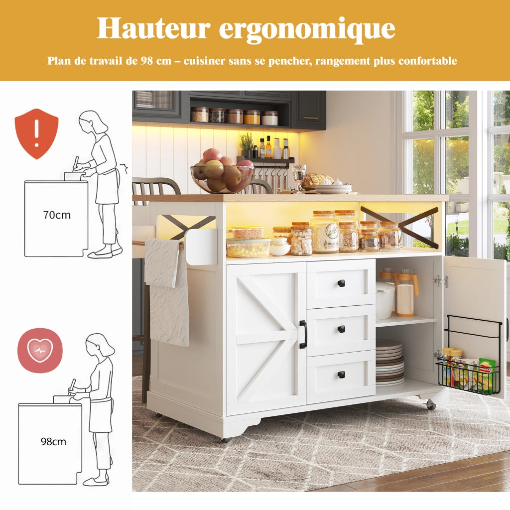 OKWISH Carrello da cucina con piano pieghevole, vani portaoggetti su due lati, luce led e ruote, per cucina e soggiorno, MDF, Bianco