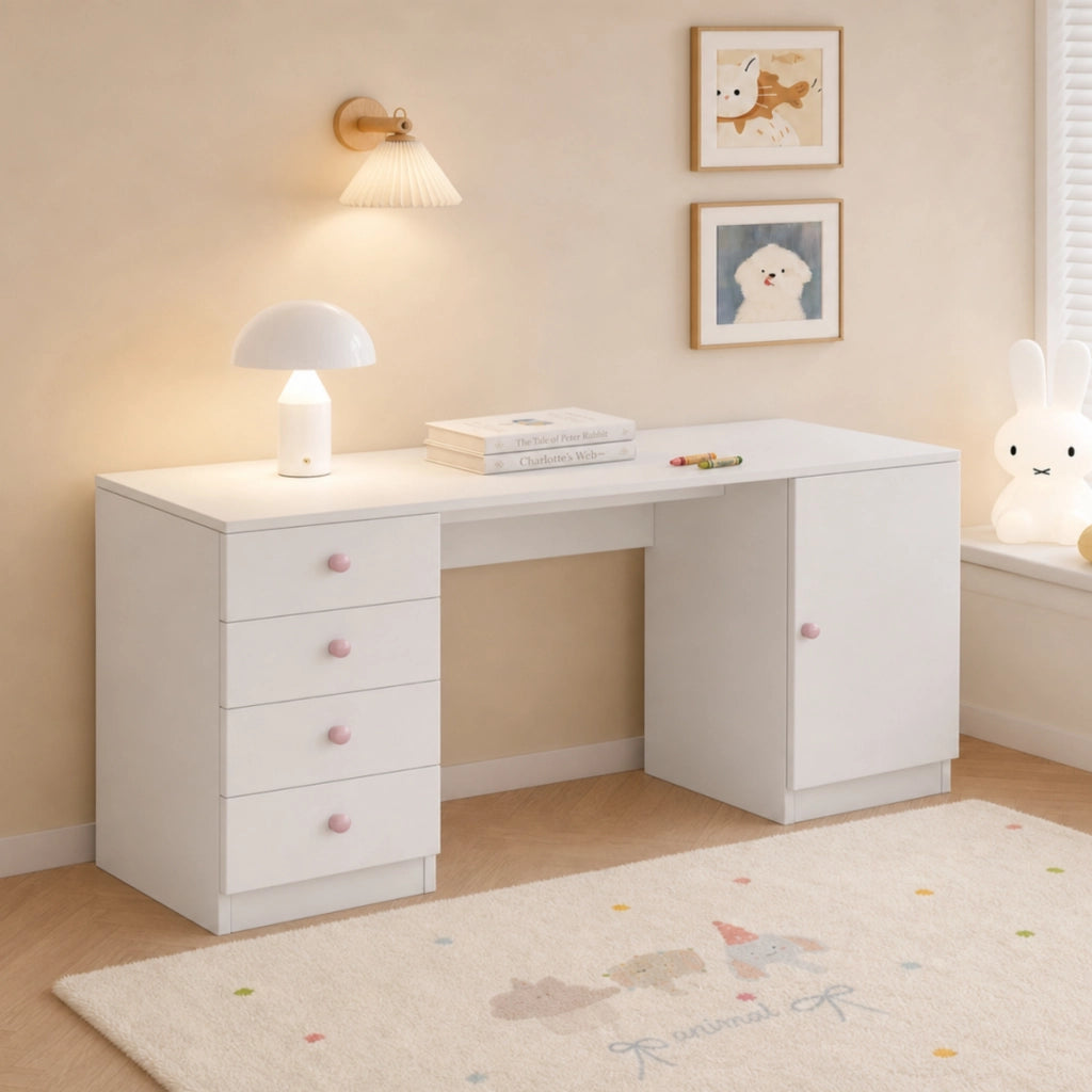 Scrivania per bambini con 4 cassetti e vano laterale in MDF bianca per studio 155 × 45 × 74 cm