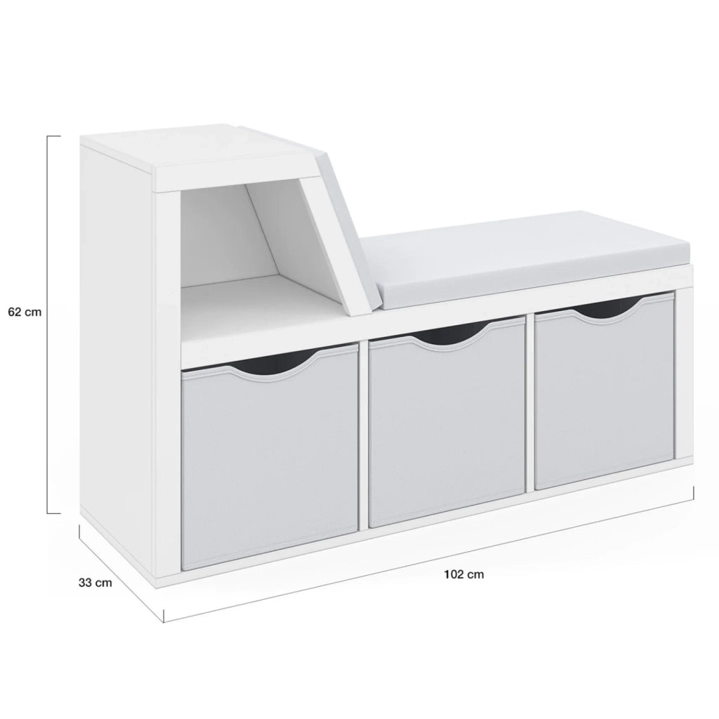 IDMarket - Panca libreria OSCAR 4 scomparti con cuscini grigi e vassoi in tessuto 102 cm bianco