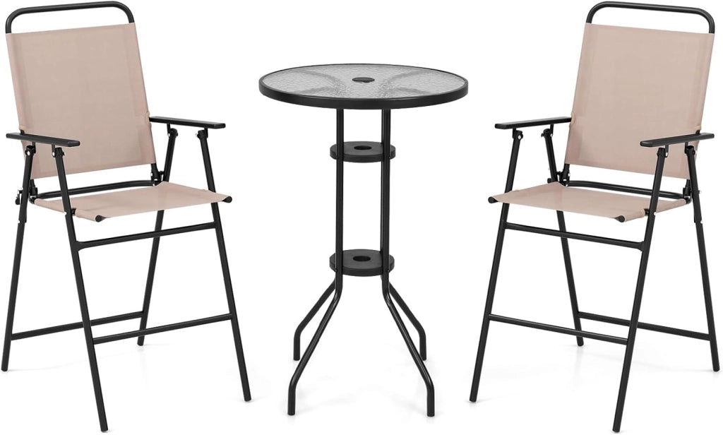 Set da Bistrò, Set da Giardino con (Ombrello), Tavolo con Foro da Ombrello, e 2 Sedie Pieghevoli, Set Tavolo e Sedie da Giardino, Set da Esterno per Balcone, Beige (Senza Parasole)