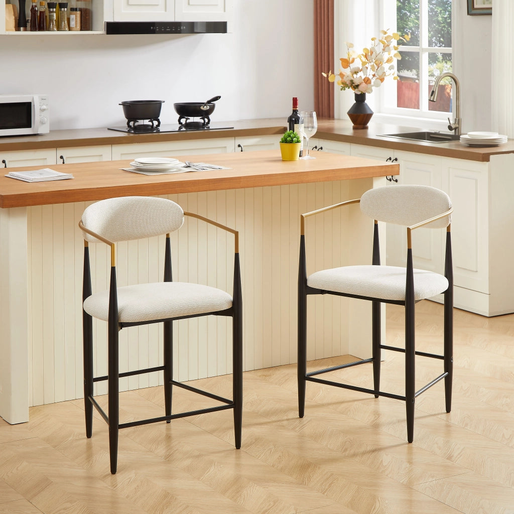 Set 2 Sgabelli da Bar con Braccioli Vintage ¨C MINIMAL ¨C Nero/Oro, Seduta in Tessuto Crema