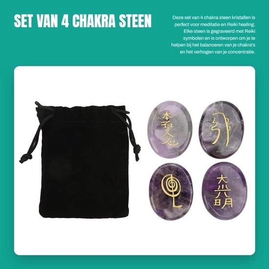 Set di Cristalli di Reiki - 4 pezzi - Simboli Gravati - Meditazione - Borsa di Velluto - Cristalli di Guarigione Naturale