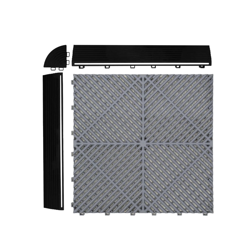 Piastrelle ventilate grigie e blu 3,2m x 6m per garage e officine, antiscivolo.