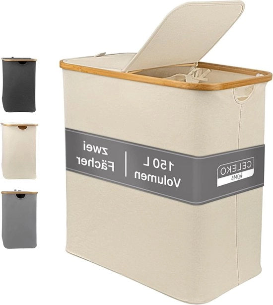 Sistema di raccolta luce per lavatrice 2 cassette con coperchio 150 litri tessuto in bambù grande XXL sistema di classificazione raccoglitore di bucato - beige - alta capacità