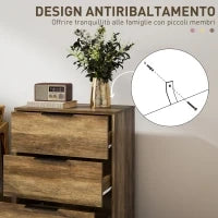 Cassettiera 3 Cassetti Antiribaltamento con Maniglie Nere, in Legno e Metallo, 62x35x82 cm, Marrone scuro