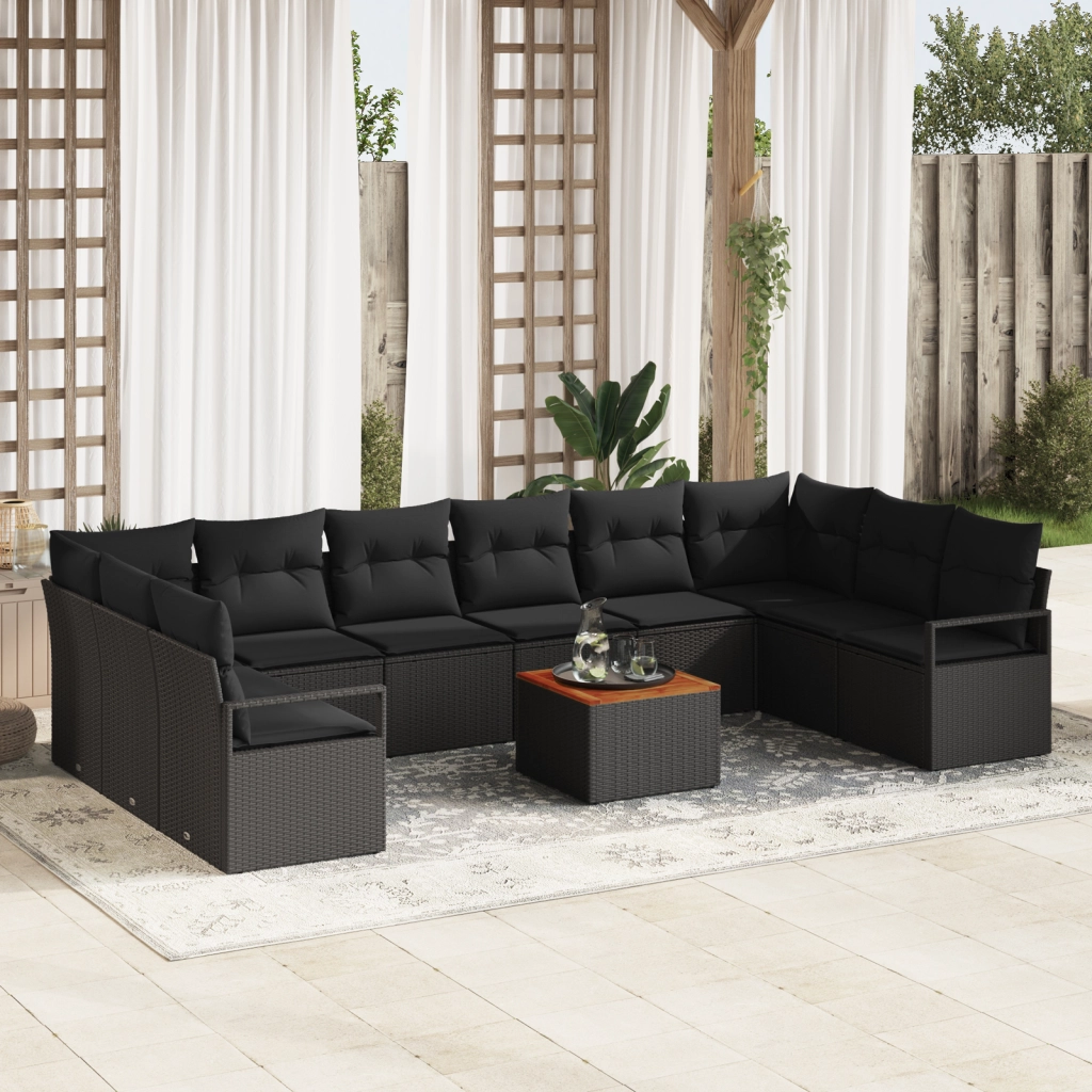 Set Divano da Giardino 11 Pezzi con Cuscini Polyrattan Nero Acacia